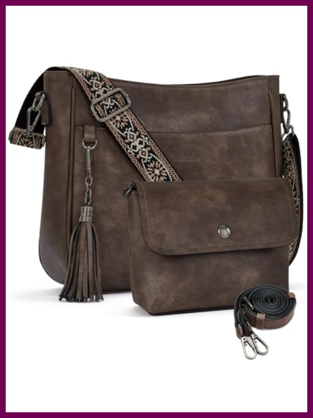 Vegan Leather Crossbody Hobo Bag Set with Adjustable Strap